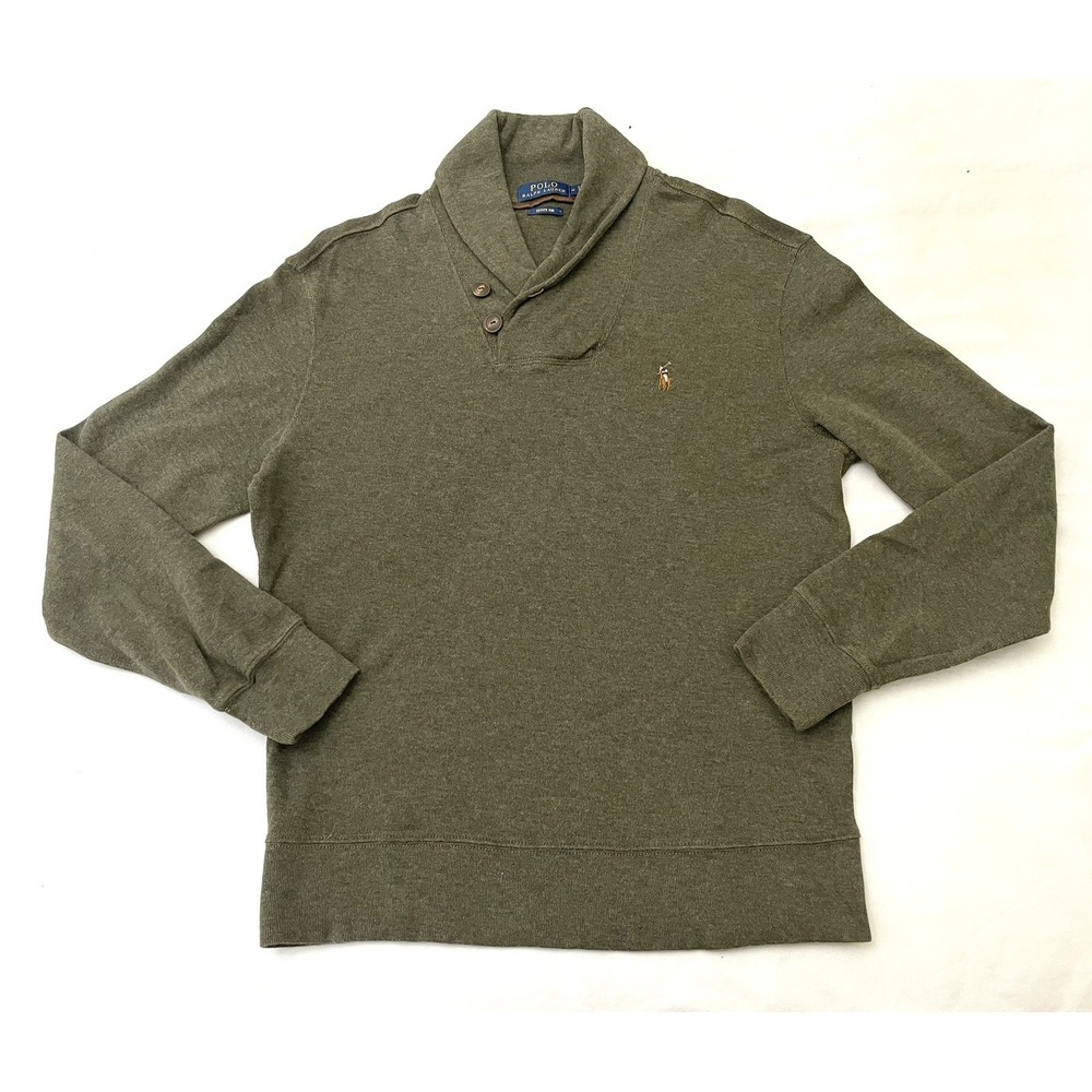 Polo Ralph‎ Lauren Estate Rib Shawl Neck Sweater Medium Green Flesh Pony Preppy
